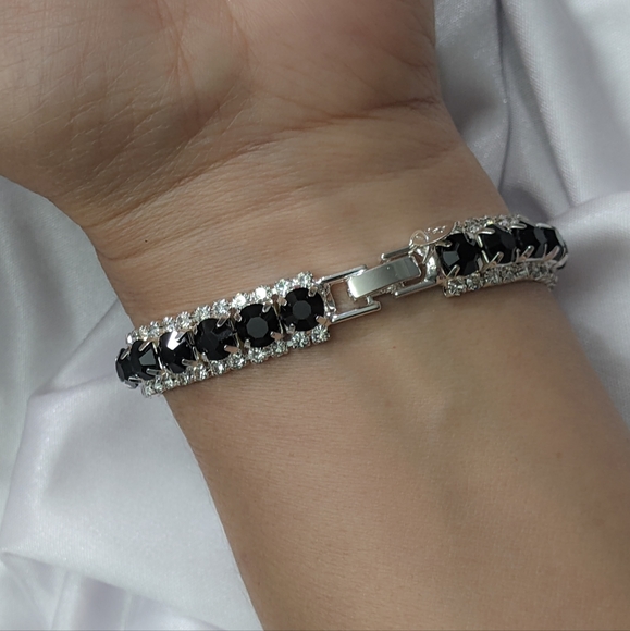 Bracelet Sterling Silver Plated Black Australian Cubic Zirconia 7" - Picture 2 of 9